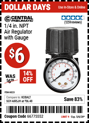 Harbor Freight Coupons, HF Coupons, 20% off - 150 Psi Air Compressor Regulator Kit With Dial Gauge