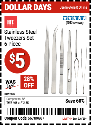 Harbor Freight Coupons, HF Coupons, 20% off - 6 Piece Stainless Steel Tweezer Set