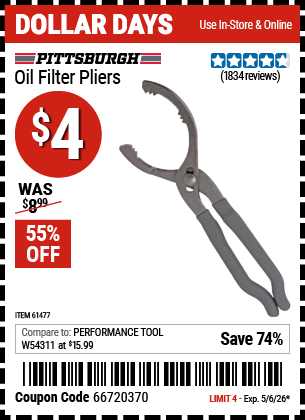 Harbor Freight Coupons, HF Coupons, 20% off - Oil Filter Pliers