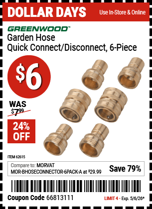 Harbor Freight Coupons, HF Coupons, 20% off - 6 Piece Garden Hose Quick Cupler Set