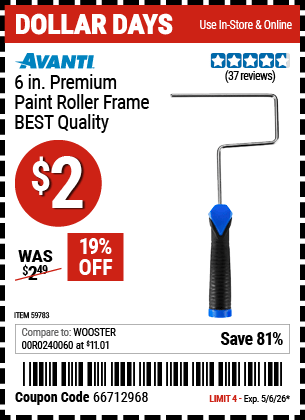 Harbor Freight Coupons, HF Coupons, 20% off - AVANTI 6 in. Premium Paint Roller Frame for $2