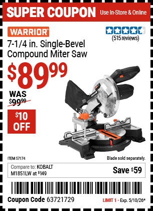 Harbor Freight Coupons, HF Coupons, 20% off - WARRIOR 7-1/4 in. Compound Single Bevel Miter Saw for $69.99