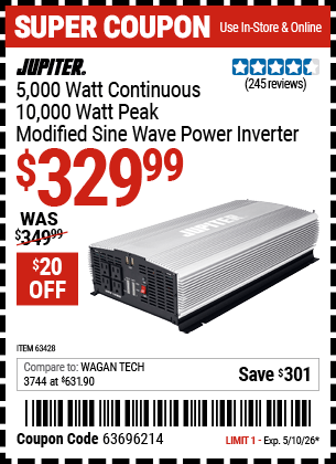 Harbor Freight Coupons, HF Coupons, 20% off - JUPITER 5000 Watt Continuous/10000 Watt Peak Modified Sine Wave Power Inverter for $359.99