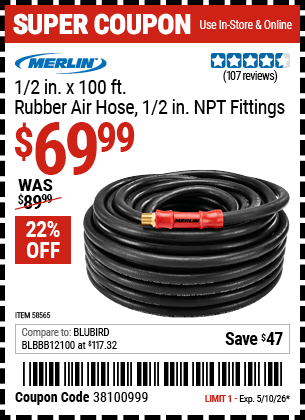 Harbor Freight Coupons, HF Coupons, 20% off - MERLIN 1/2 in. x 100 ft. Rubber Air Hose for $59.99