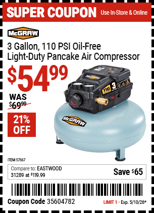 Harbor Freight Coupons, HF Coupons, 20% off - 3 Gallon 1/3 HP 110 PSI Oil-Free Pancake Air Compressor