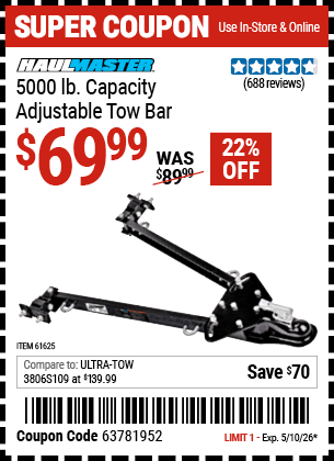 Harbor Freight Coupons, HF Coupons, 20% off - 5000 Lb. Capacity Adjustable Tow Bar