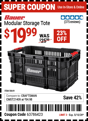 Harbor Freight Coupons, HF Coupons, 20% off - BAUER Modular Storage Tote for $19.99