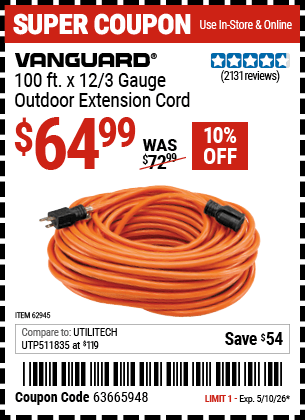 Harbor Freight Coupons, HF Coupons, 20% off - Vanguard 100 Ft. X 12 Gauge Indoor/outdoor Extension Cord