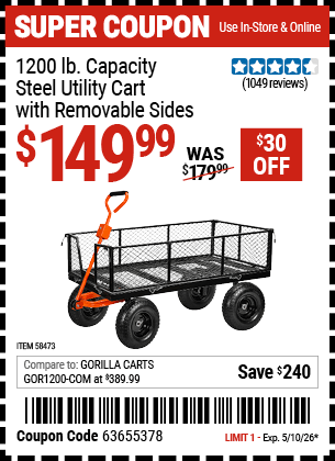 Harbor Freight Coupons, HF Coupons, 20% off - HFT 1200 lb. Capacity Steel Utility Cart with Sides 