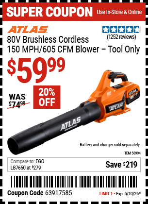 Harbor Freight Coupons, HF Coupons, 20% off - 80v Lithium-Ion Brushless Blower