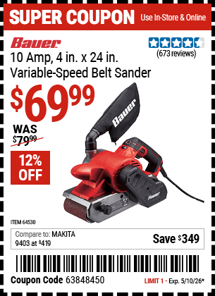 Harbor Freight Coupons, HF Coupons, 20% off - 10 Amp 4 in. x 24 in. Variable Speed Belt Sander