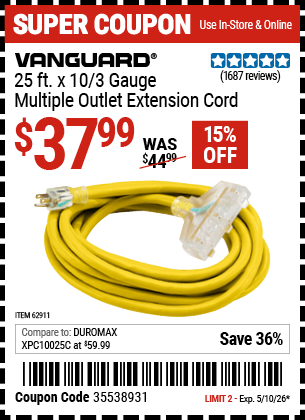 Harbor Freight Coupons, HF Coupons, 20% off - 25 Ft X 10 Gauge Triple Tap Extension Cord