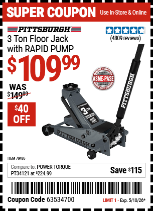 Harbor Freight Coupons, HF Coupons, 20% off - PITTSBURGH 3 Ton Floor Jack with RAPID PUMP for $119.99