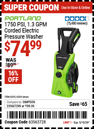 Harbor Freight Coupons, HF Coupons, 20% off - 1750 Psi Electric Pressure Washer
