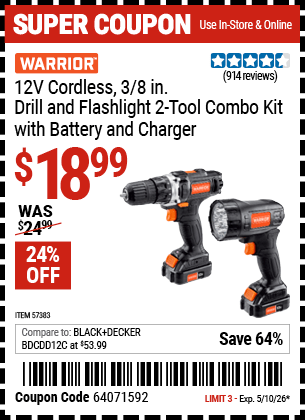 Harbor Freight Coupons, HF Coupons, 20% off - 12v Lithium-Ion 3/8 in.  Cordless Drill/Driver and Flashlight Kit