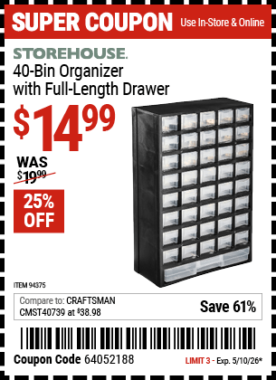 Harbor Freight Coupons, HF Coupons, 20% off - 40 Bin Organizer With Full Length Drawer