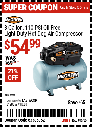 Harbor Freight Coupons, HF Coupons, 20% off - 3 Gallon 1/3 HP 110 PSI Oil-Free Hotdog Air Compressor