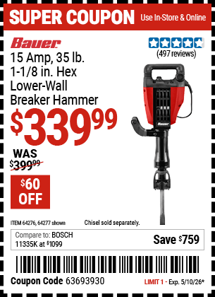 Harbor Freight Coupons, HF Coupons, 20% off - Bauer 15amp Pro Demolition Hammer Kit
