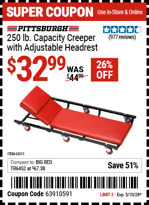 Harbor Freight Coupons, HF Coupons, 20% off - Heavy Duty Creeper With Adjustable Headrest