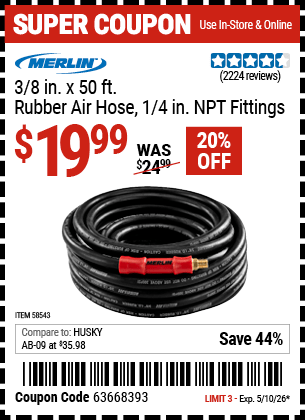 Harbor Freight Coupons, HF Coupons, 20% off - MERLIN 3/8 in. x 50 ft. Rubber Air Hose 