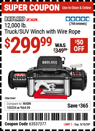 Harbor Freight Coupons, HF Coupons, 20% off - BADLAND ZXR 12 -000 lb. Truck/SUV Winch with Wire Rope 