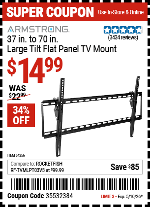 Harbor Freight Coupons, HF Coupons, 20% off - ARMSTRONG Large Tilt Flat Panel TV Mount for $19.99