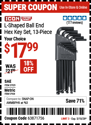 Harbor Freight Coupons, HF Coupons, 20% off - ICON Metric L-Shaped Ball End Hex Key Set, 13 Pc. for $14.99