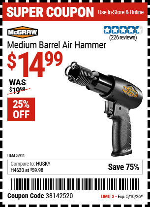 Harbor Freight Coupons, HF Coupons, 20% off - MCGRAW Medium Barrel Air Hammer for $15.99
