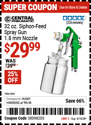 Harbor Freight Coupons, HF Coupons, 20% off - 32 Oz. Siphon Feed Spray Gun