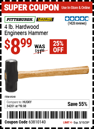 Harbor Freight Coupons, HF Coupons, 20% off - 4 Lb. Hickory Engineer's Hammer