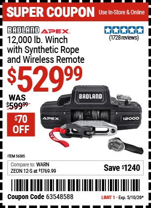 Harbor Freight Coupons, HF Coupons, 20% off - Badland Apex 12,000 Lb. Truck/suv Winch