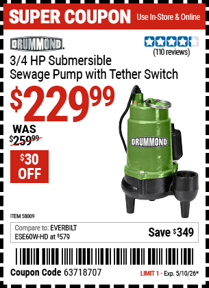 Harbor Freight Coupons, HF Coupons, 20% off - DRUMMOND 3/4 HP Submersible Sewage Pump with Tether Switch for $239.99