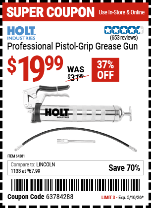 Harbor Freight Coupons, HF Coupons, 20% off - Holt Professional Pistol Grip Grease Gun