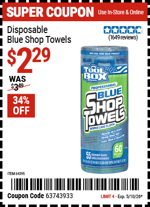 Harbor Freight Coupons, HF Coupons, 20% off - Disposable Blue Shop Towels