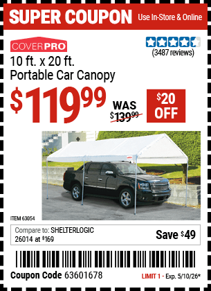 Harbor Freight Coupons, HF Coupons, 20% off - 10 Ft X 20 Ft Car Canopy