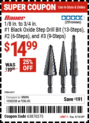 Harbor Freight Coupons, HF Coupons, 20% off - 3 Piece M2 Steel Black Oxide Step Bits