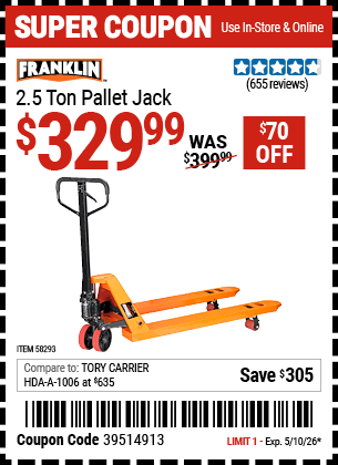 Harbor Freight Coupons, HF Coupons, 20% off - FRANKLIN 2.5 Ton Pallet Jack for $359.99