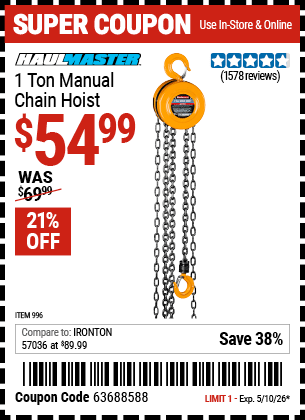 Harbor Freight Coupons, HF Coupons, 20% off - 1 Ton Chain Hoist