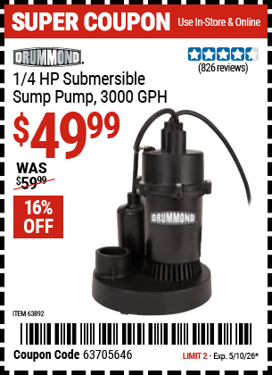 Harbor Freight Coupons, HF Coupons, 20% off - 1/4 Hp Submersible Sump Pump With Tether Float