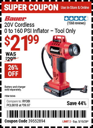 Harbor Freight Coupons, HF Coupons, 20% off - 20v Lithium-Ion Power Inflator