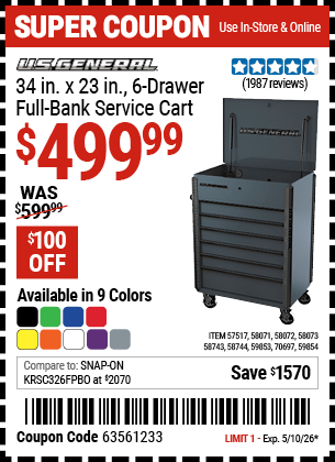 Harbor Freight Coupons, HF Coupons, 20% off - U.S. GENERAL 34 in. Full Bank Service Cart for $499.99