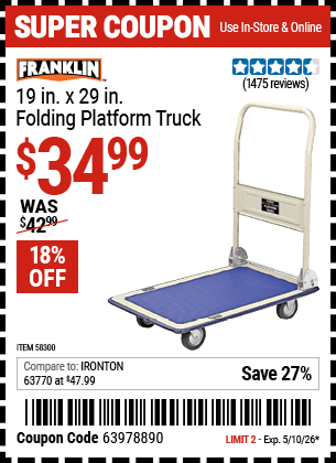 Harbor Freight Coupons, HF Coupons, 20% off - FRANKLIN 19 in. x 29 in. Folding Platform Truck for $34.99
