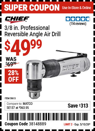 Harbor Freight Coupons, HF Coupons, 20% off - CHIEF 3/8 in. Professional Reversible Air Angle Drill for $49.99