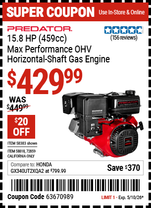 Harbor Freight Coupons, HF Coupons, 20% off - PREDATOR 15.8 HP (459cc) OHV Horizontal-Shaft Gas Engine for $419.99