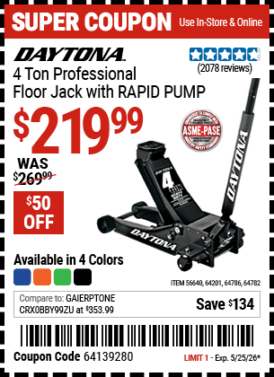 Harbor Freight Coupons, HF Coupons, 20% off - DAYTONA 4 Ton Professional Rapid Pump Floor Jack for $159.99