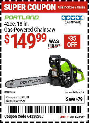 Harbor Freight Coupons, HF Coupons, 20% off - PORTLAND 42cc, 18 in. Gas-Powered Chainsaw for $129.99