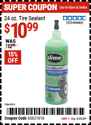 Harbor Freight Coupons, HF Coupons, 20% off - 24 Oz. Slime Tire Sealant