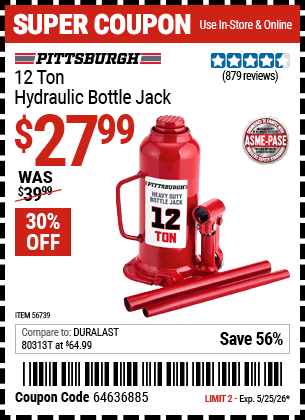Harbor Freight Coupons, HF Coupons, 20% off - PITTSBURGH 12 Ton Hydraulic Bottle Jack for $29.99