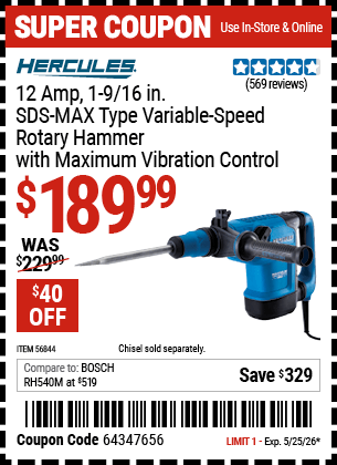 Harbor Freight Coupons, HF Coupons, 20% off - 12 Amp 1-9/16 in.  SDS Max-Type Variable Speed Rotary Hammer