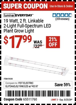 Harbor Freight Coupons, HF Coupons, 20% off - LUMINAR EVERYDAY 2600 Lumen 2 ft. Linkable LED Plant Grow Light for $17.99